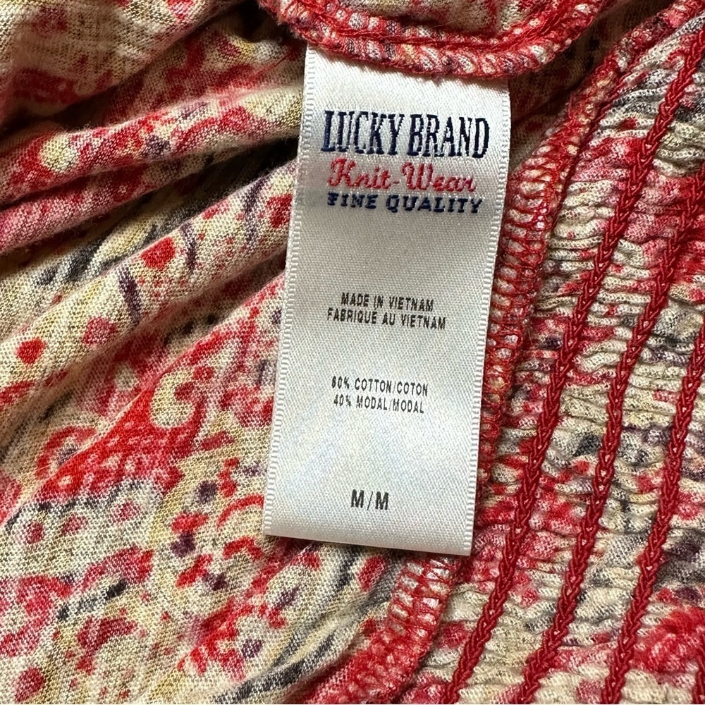 Lucky Brand Women's Red Medallion Print Boho 3/4 Sleeve Split Neck Blouse Sz M - Picture 5 of 6